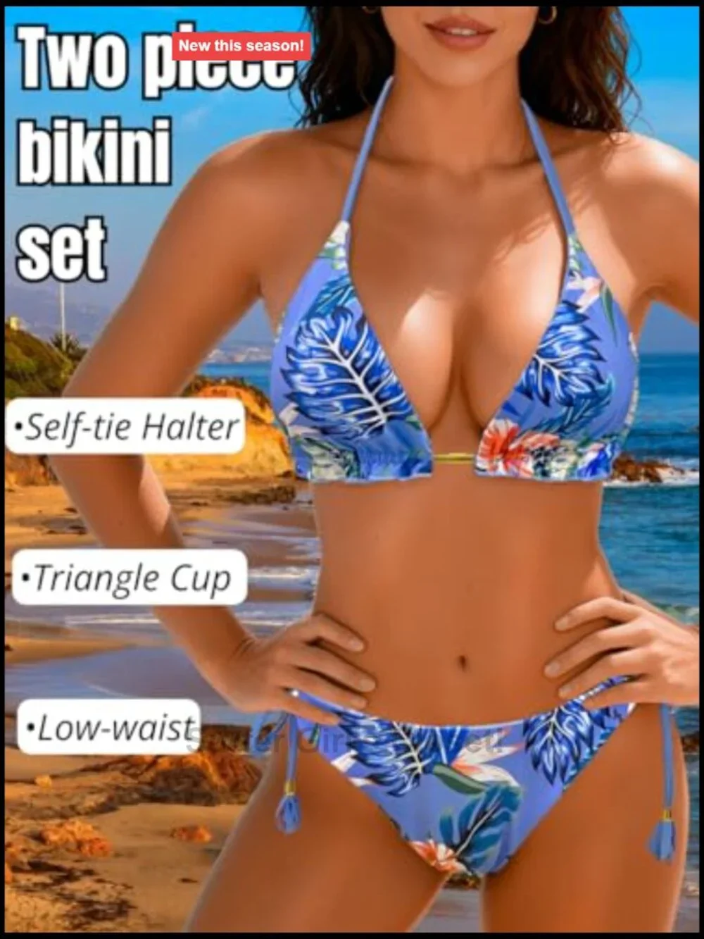 Fringe Tropical Bikini Set, Halter Triangle Top, High Stretch Nylon Blend